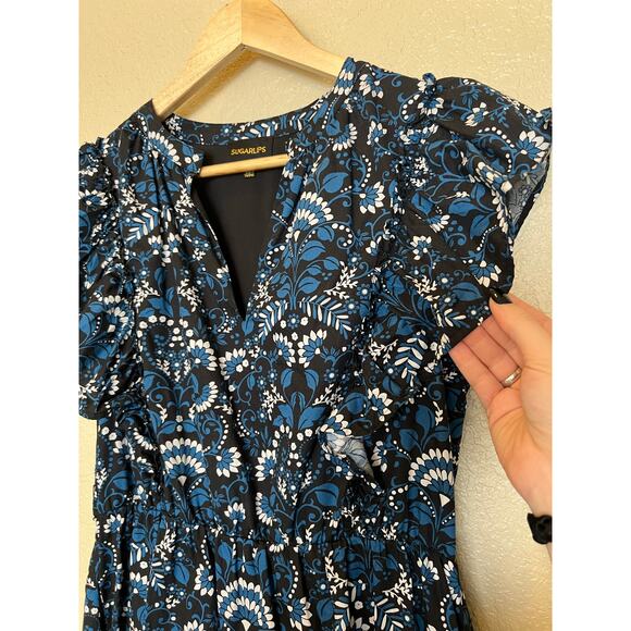 Sugarlips Etta Floral Ruffle Mini Dress Medium Blue Floral Mini Dress Paisley - Picture 8 of 9